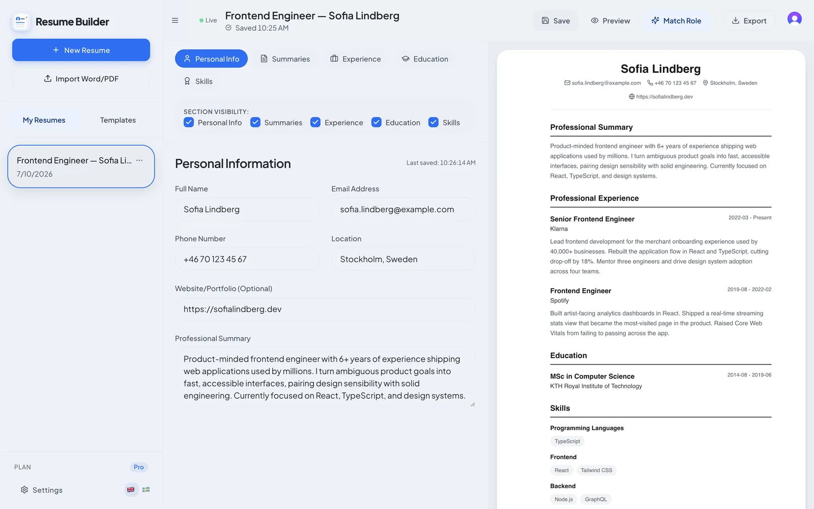 The Create Resume editor with a completed resume and live document preview side by side
