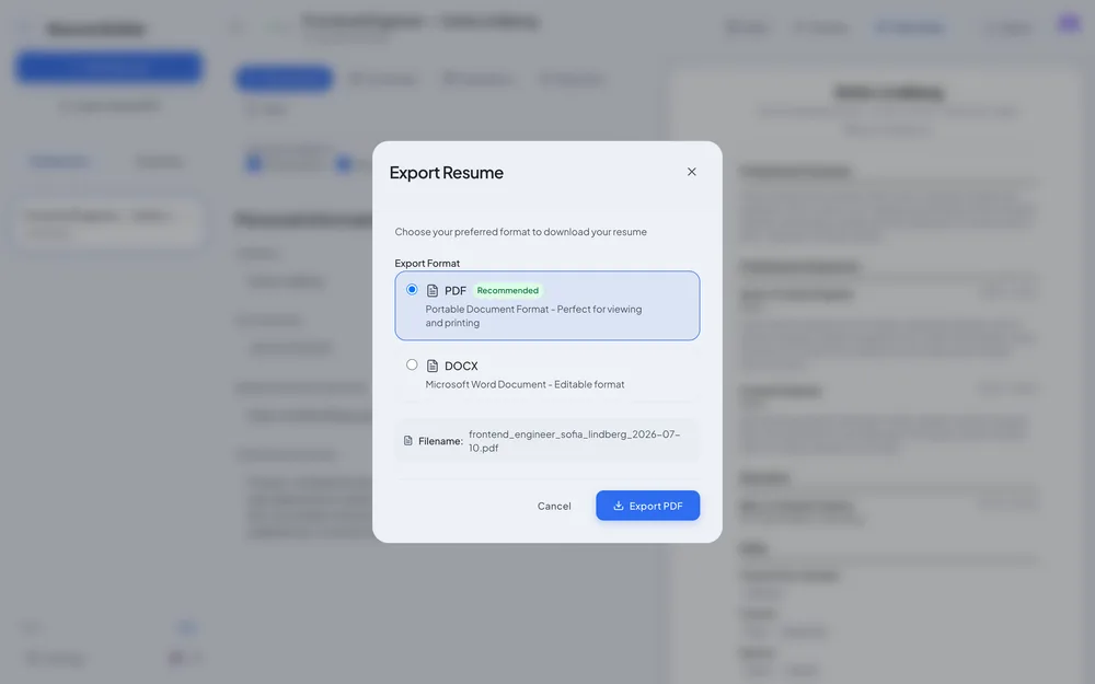 Export Resume dialog with PDF and Word format options