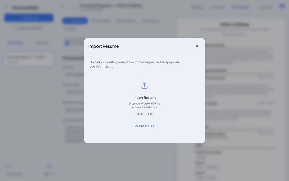 Import Resume dialog accepting a Word or PDF file in Create Resume