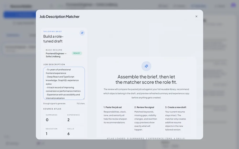 Job Description Matcher with a pasted job posting ready to tailor the resume